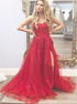 A Line Spaghetti Straps Tulle Appliques Prom Dress with Slit LBQ3810